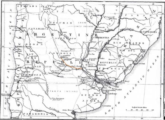 Fig. 1: En anaranjado está marcado el trayecto del Ferrocarril Central Argentino a partir de 1870 desde Rosario a Córdoba, Argentina mapa modificado de Desiré Charnay, 1876.