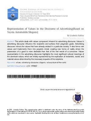 Representation of Values in the Discourse of Advertising  (Based on Toyota Automobile Slogans)