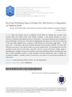 The Social Well-Being Status of Female Rice Mill Workers